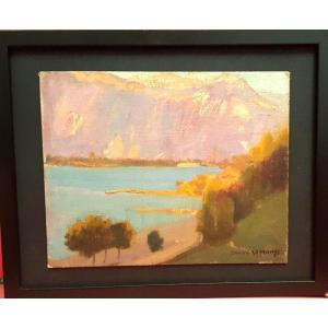 André Lagrange: Territet And The Mouth Of The Rhone In Lake Geneva, Oil On Cardboard