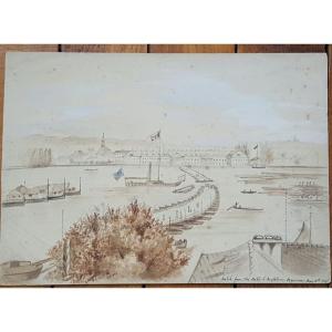 View Of Mainz And The Schiffbrucke In 1845. Watercolor Drawing.