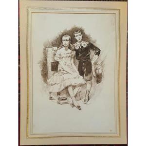 Brother And Sister, By Gallian, Pen And Wash