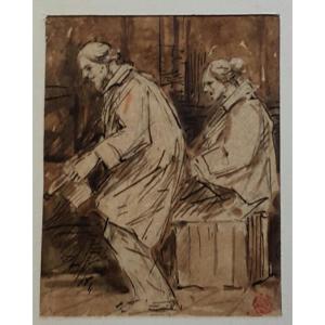 Georges Arthur Jacquin, Couple, Ink And Wash