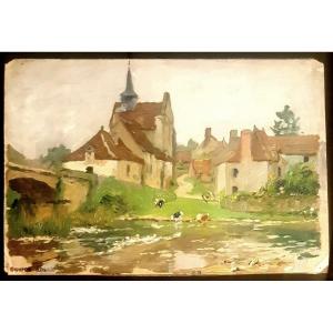 Gaston Hecht, View Of Angles Sur Anglin, The Sainte Croix Church And The Ferryman's House