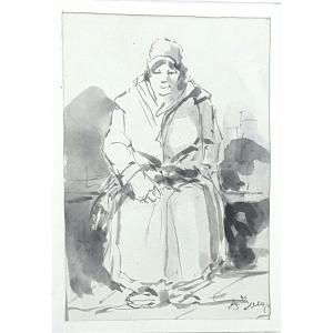 Seated Peasant Woman, Ink Wash By Georges Arthur Jacquin