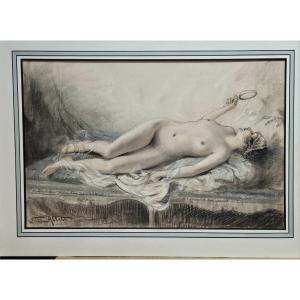 Nude In The Mirror, Charcoal And Colored Chalk Drawing By William Ablett.