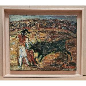 Bullfighting Scene, Oil On Canvas By Alexandre Frenel