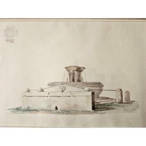 Watercolor Drawing By Benjamin Schlick: Fountain In The Square At Civita Castellana, 1832