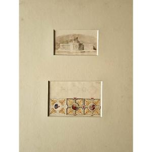 2 Watercolor Drawings By Benjamin Schlick: Fountain In Spoleto, Vault Of Lucca Cathedral