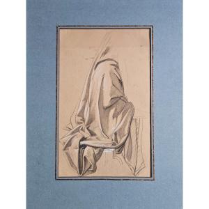 Study Of Drapery By Guillaume Cabasson, Charcoal And White Chalk Drawing