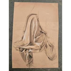 Study Of Drapery By Guillaume Cabasson, Charcoal And White Chalk Drawing