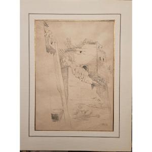 View Of A Fortified City In Morocco (tetouan?), Pencil On Buff Paper By Georges Clairin