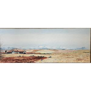 Plateaux Of Velay In Winter, Watercolor By Louis Vissaguet