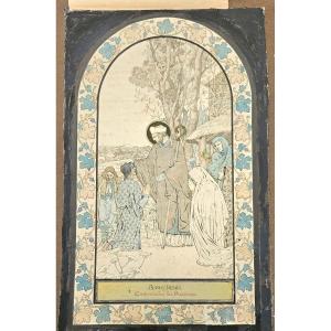 Watercolor Drawing: Saint Denis Catechizing The Parisians, Circa 1900, Monogram Not Deciphered.