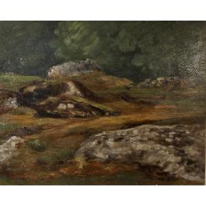 Study Of Rocky Ground In A Forest By Louis Cabat, Oil On Thin Cardboard.