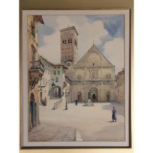 San Rufino Cathedral In Assisi, Watercolor By Macdonald, 1910.