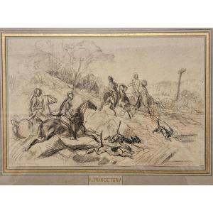 Hunting Scene Attributed To René Princeteau, Charcoal