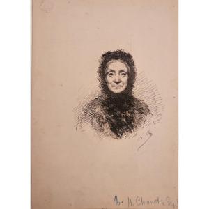 Portrait Of An Elderly Woman, Pen Drawing By Henri Chanet,