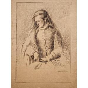 Portrait Of Madame V By Jules Valadon, Charcoal