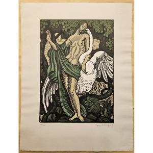 Leda And The Swan, Woodcut By Louis Bouquet, 1929