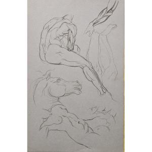 5 Study Drawings On Blue Paper By Serge Ivanoff