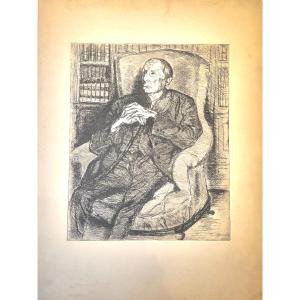 Engraving By Solange De Bièvre, Portrait Of Her Father.