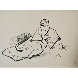 Woman In Kimono, Ink And Brush Drawing By Paul René Schutzenberger