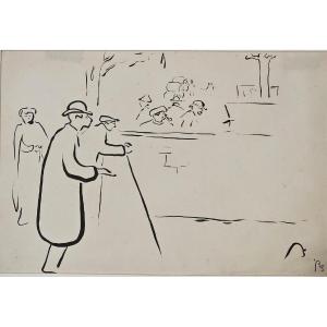 Banks Of The Seine, Ink And Brush Drawing By Paul René Schutzenberger