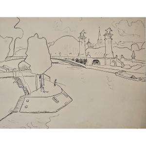 The Seine At The Pont Alexandre, Pen And Ink Drawing By Paul René Schutzenberger