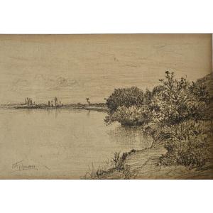 Pond Edge, Charcoal Drawing By Adolphe Appian