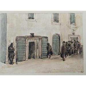 Watercolor Over Pen Drawing By Auguste Raffet, On The Reverse: Camp Of An Army Before Pisa
