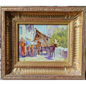 Le Marchand De Tissus, Oil On Cardboard By Alfred Plauzeau