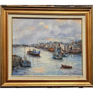 Port Breton (honfleur?), Oil On Canvas By C Mourier