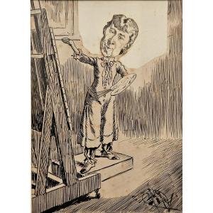 Portrait Of Louise Abbema By Manuel Luque, Pen On Bristol Board