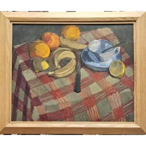 Still Life With Lemons On One Side And Bananas On The Other, Oil On Cardboard By Adolphe Decamps
