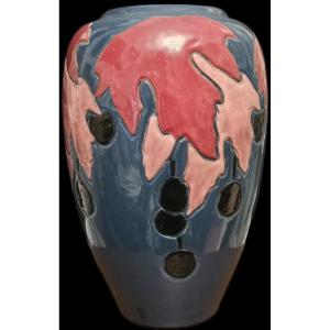 Large Vase By Simone Larrieu, Decorated With Fig Leaves, Ceramic.