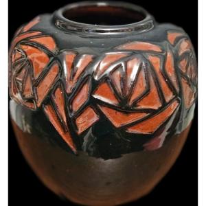 Vaser Ball With Stylized Leaves By Simone Larrieu, Ceramic