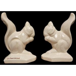 Squirrels, Bookends By L. Fontinelle, Crackled Ceramic