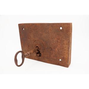 18th Century Large Baroque Wrought Iron Door Lock With Key From A Church, Portuguese