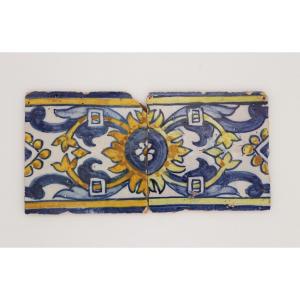 17th Century Floral Set Of Two Tiles, Portuguese Antique