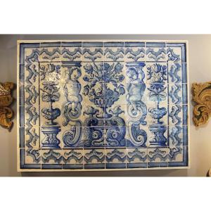 18th Century Antique Portuguese Tile Mural Panel Depicting A Blue And White Vase Surrounded 