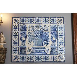 18th Century Antique Portuguese Tile Mural Panel Depicting A Blue And White Vase Surrounded