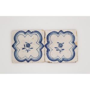 18th Century Blue & White Flower Set Of Two Tiles, Portuguese