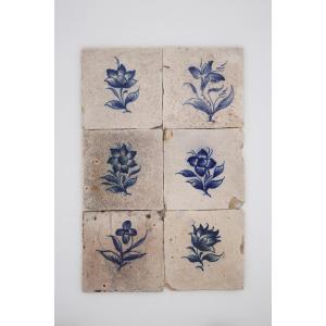 18th Century Antique Baroque Set Of Six Flowers Tiles, Portuguese