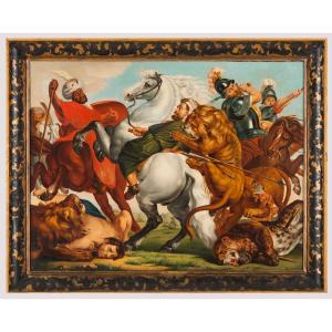 After Peter Paul Rubens, 19th Century: Tiger, Lion And Leopard Hunt, Oil On Canvas
