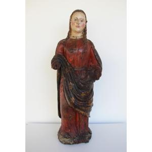 Indo-portuguese Saint Barbara, Hand Carved Polychrome Wooden Statue, 16th Century