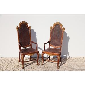 18th Century Set Of Two Gilt Baroque Rococo Wallnut Throne Chairs, Portuguese