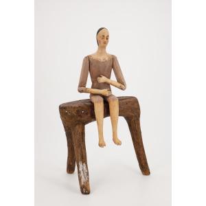 18th Century Portuguese Baroque Seated Madonna Santos With Glass Eyes, Stool Included