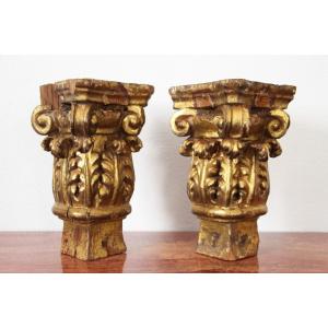 18th Century Set Of Two Baroque Gold Leaf Corinthian Capitals From A Portuguese Church