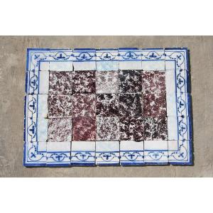 18th Century Tile Mural Panel, Aubergine Spongeware Surrounded By Blue & White Flowers