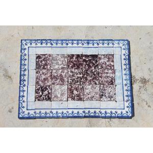 18th Century Tile Mural Panel, Aubergine Spongeware Surrounded By Blue & White Flowers