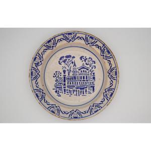 A Large 19th-century Portuguese Blue And White Wall Plate Featuring A Garden Palace Surrounded 