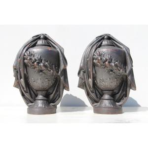 Stunning Antique Large Pair Of Neoclassical Cast Iron Draped Urns Finials, French